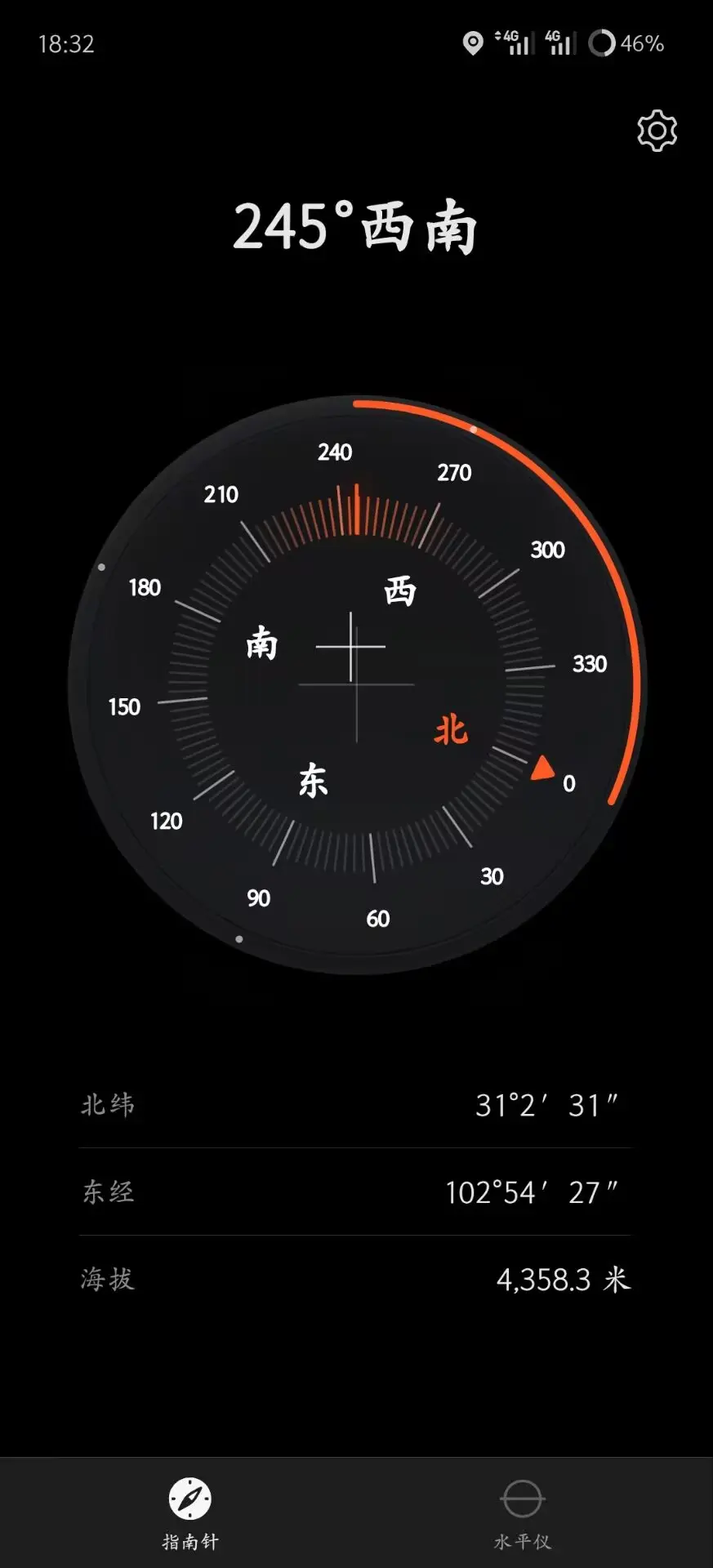 手机指南针显示的海拔高度:4358.3米